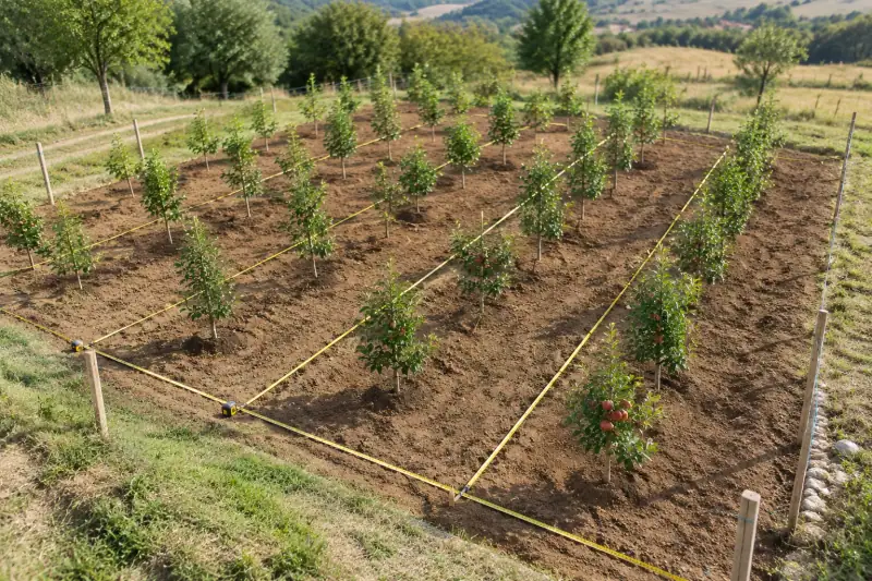 Düzenli sıralara dikilmiş genç elma fidanları ve aralarındaki ölçüm şeritleri